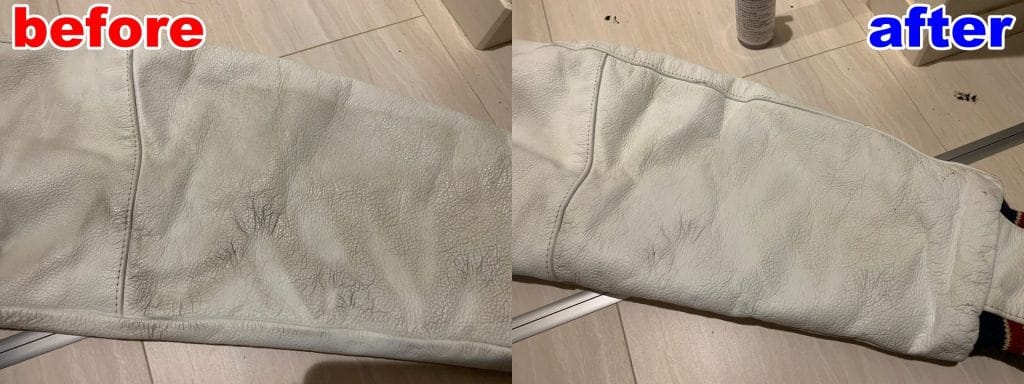 古着スタジャン 袖レザージェイソンマークで汚れ落とし 比較3